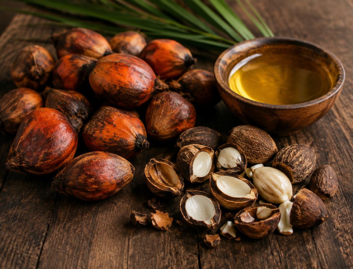 American palm nuts, cracked kernels and a bowl of golden batana oil